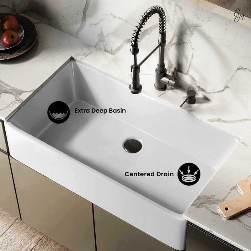 Elegance 36" X 20" Single Basin Fireclay Farmhouse Kitchen Sink In Glossy White With Stainless Steel Grid