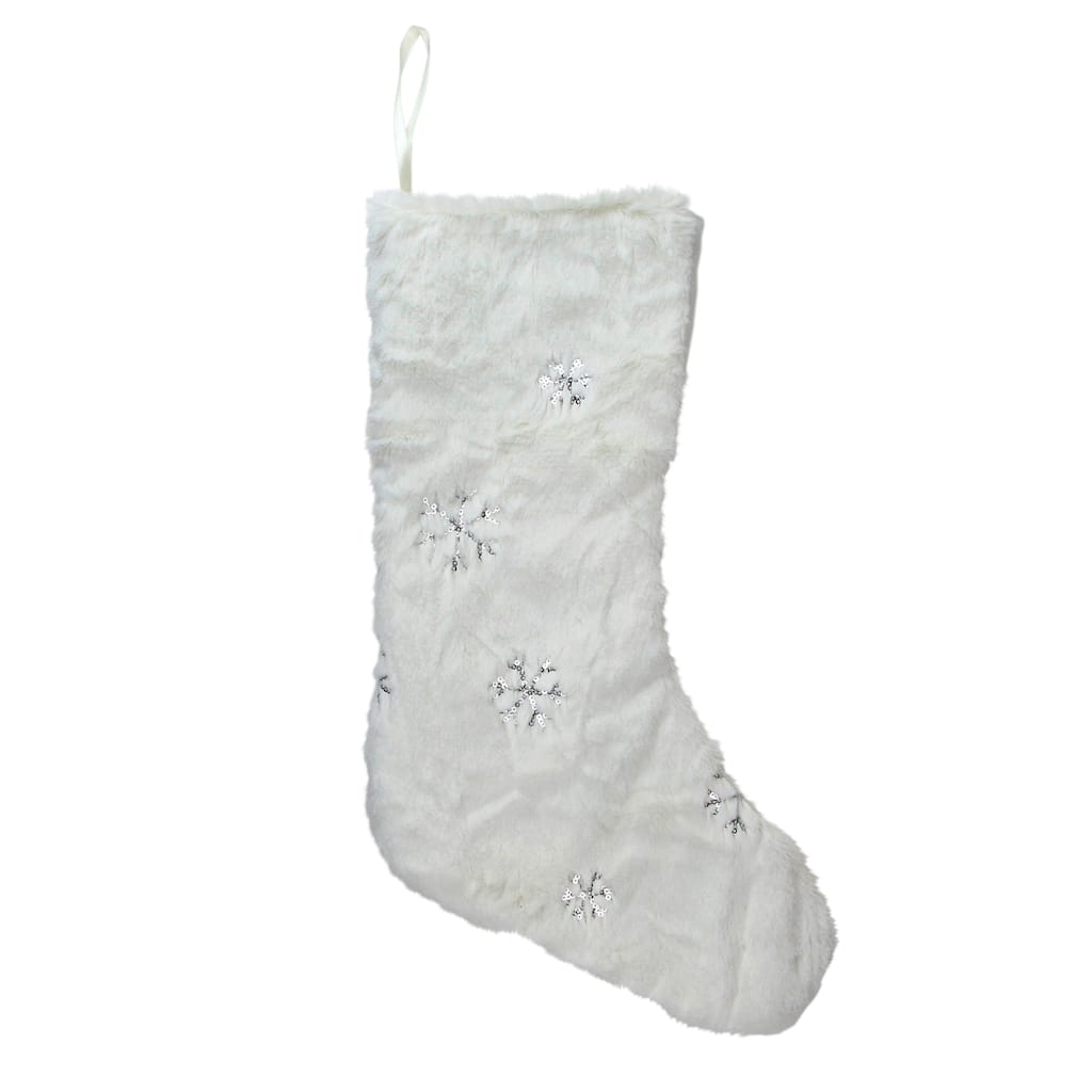 18" White Fur Christmas Stocking with Silver Sequined Snowflakes