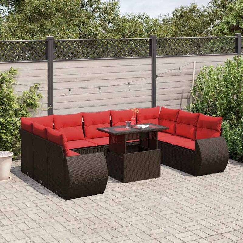 vidaXL 10 Piece Patio Sofa Set with Cushions Black/Brown/Gray Poly Rattan