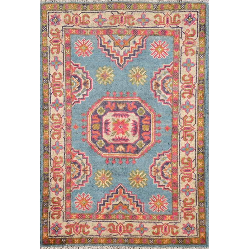 Light Blue Geometric Kazak Foyer Rug Traditional Handmade Wool Carpet - 2'0" x 3'0"