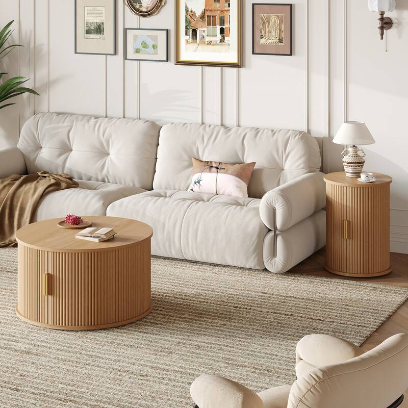 Farmhouse TV Stand & Coffee Table Set with Fluted Sliding Door & Golden Handles, for TVs up to 75"