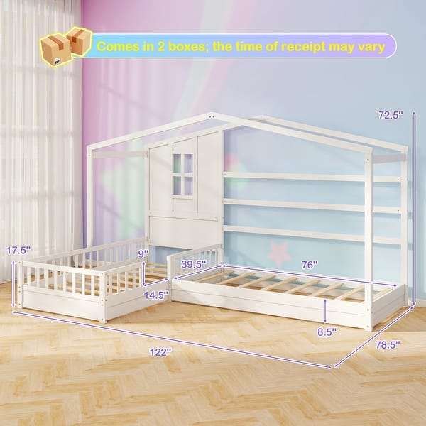 dimension image slide 1 of 2, L-Shaped Double Twin House Platform Beds with Full-Length Guardrails and Decorative Window