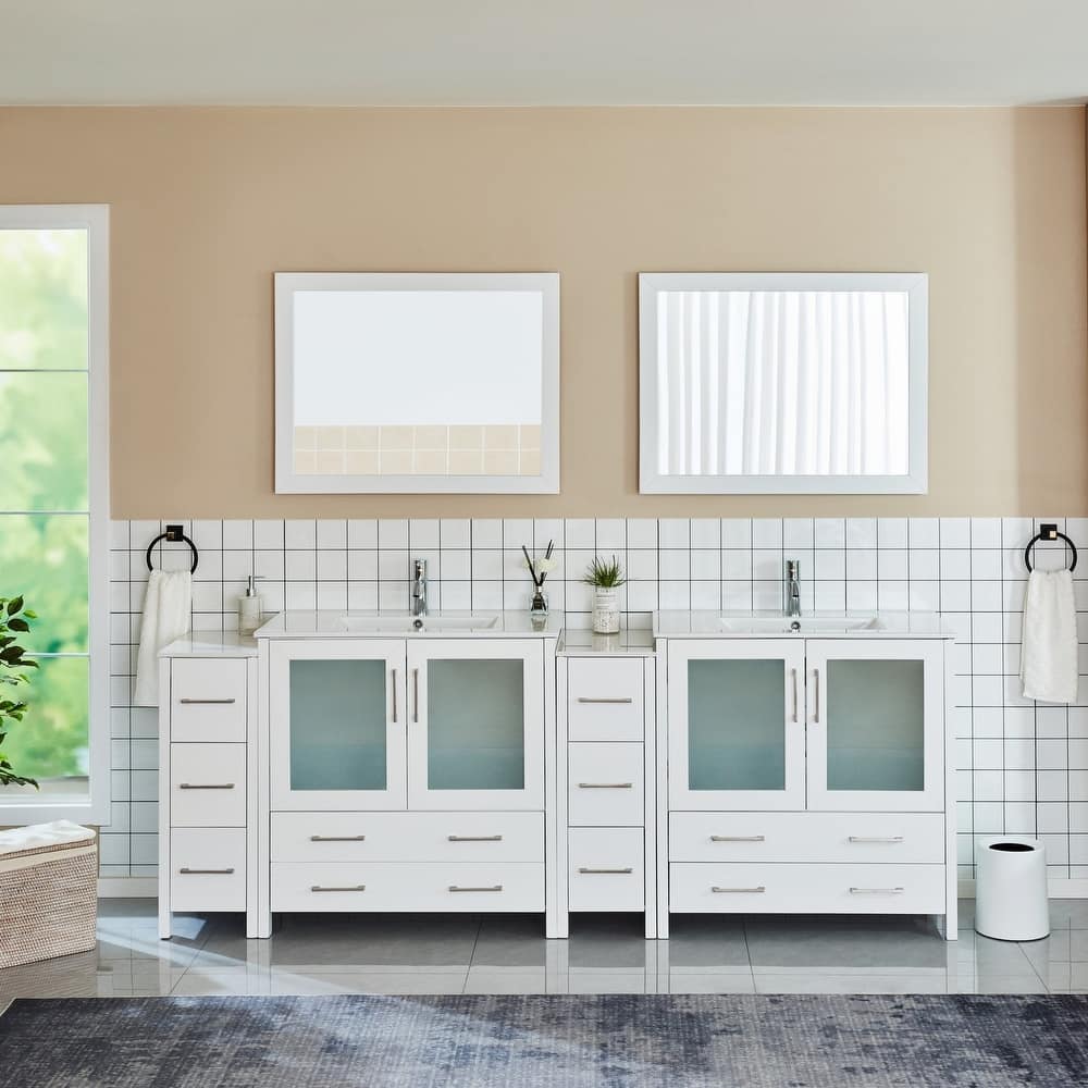 Vanity Art 96" Double Sink Bathroom Vanity Set 10 Dove-Tailed Drawers, 3 Cabinets, 2 Shelves Soft-Closing Doors with Free Mirror