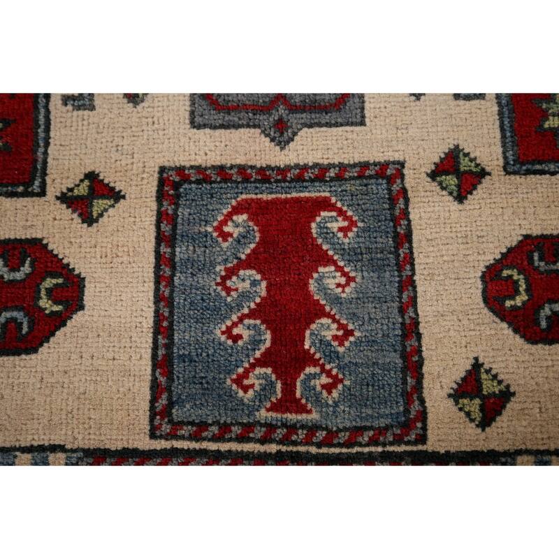 Kazak Oriental Area Rug Hand-Knotted Traditional Beige Wool Carpet - 4'2" x 5'7"