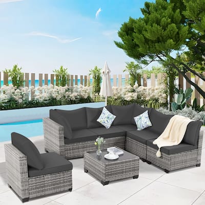 7-PC Wicker Patio Conversation set with Coffee Table and Cushions