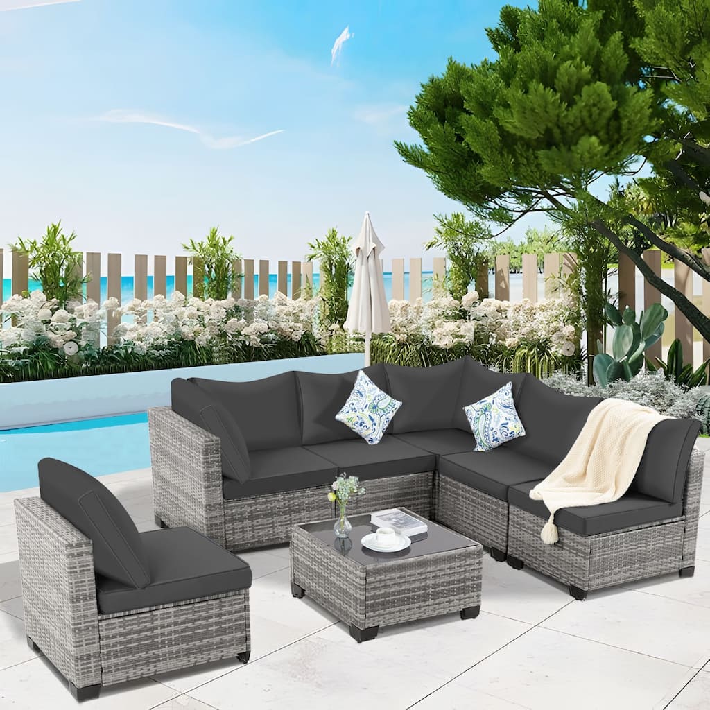 7-PC Wicker Patio Conversation set with Coffee Table and Cushions