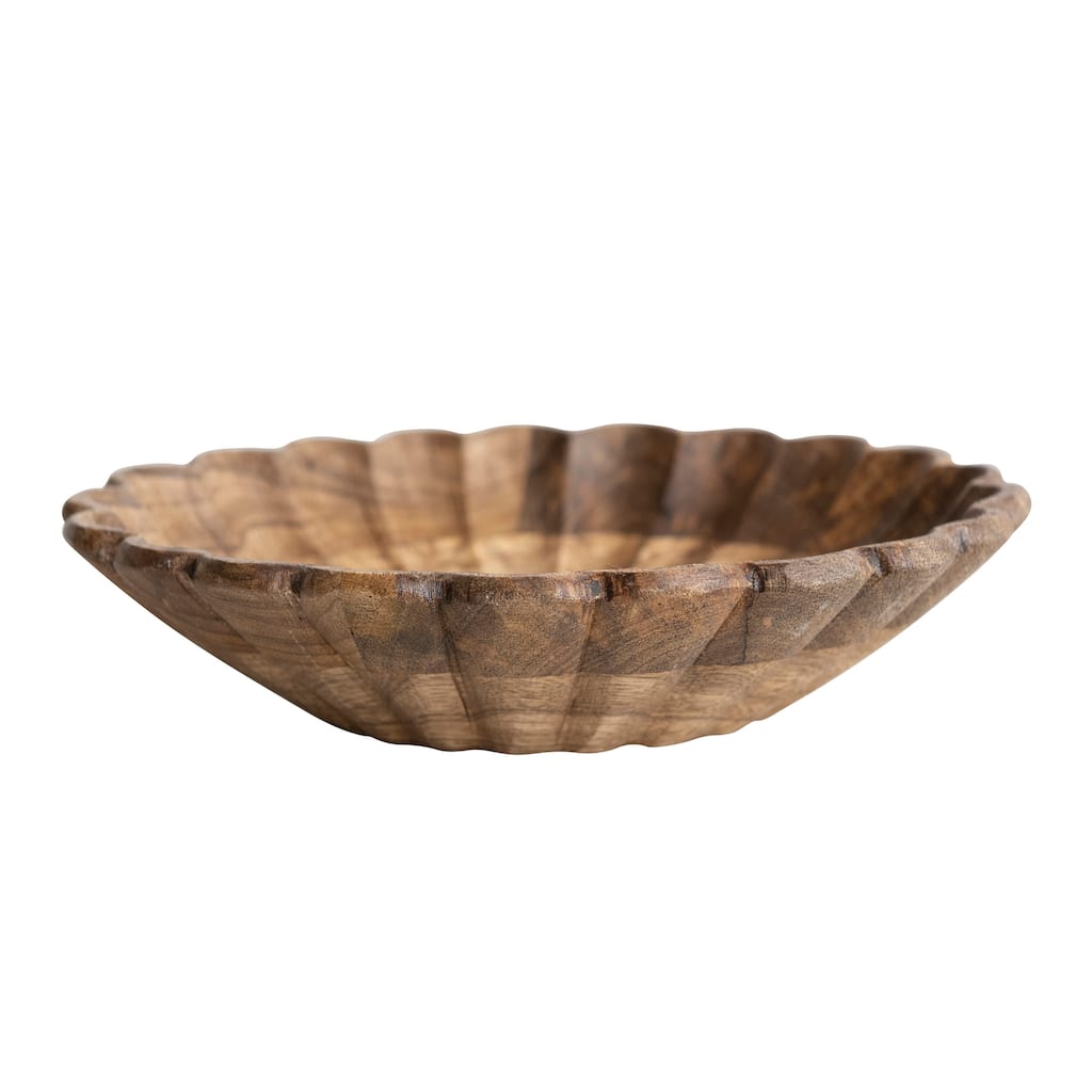 Carved Wood Bowl with Scalloped Edge - 8.0"L x 8.0"W x 2.0"H