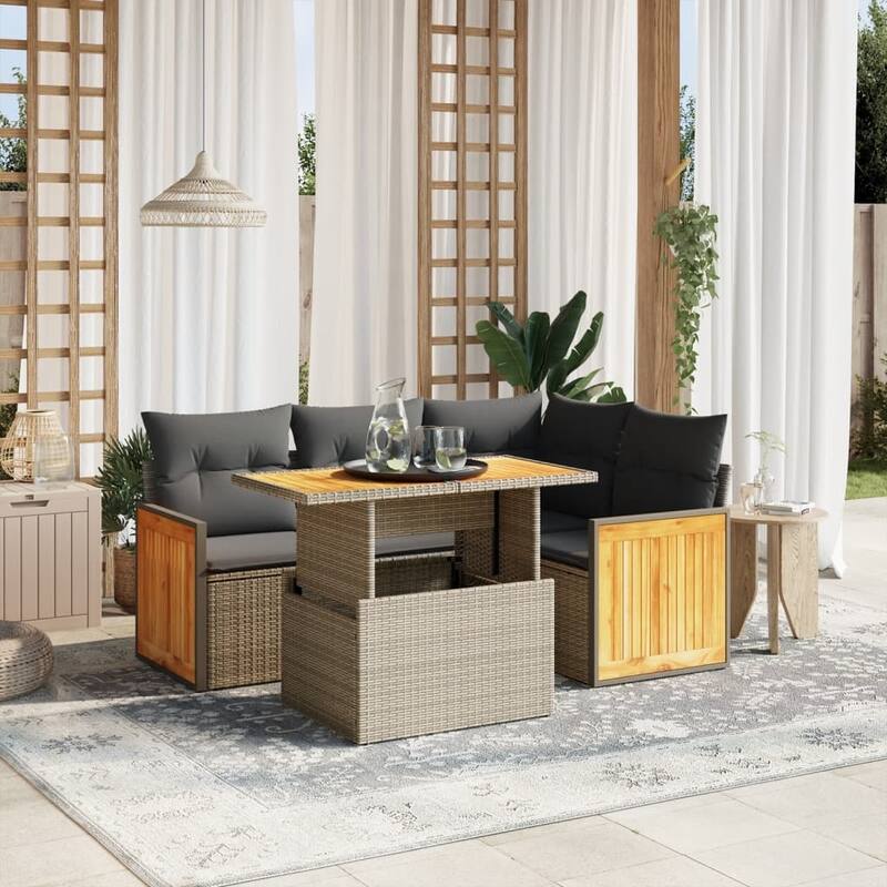 vidaXL Patio Sofa Set with Cushions Outdoor Furniture 5 Piece Poly Rattan - Grey - 21.7 x 39.4 x 28.7 in