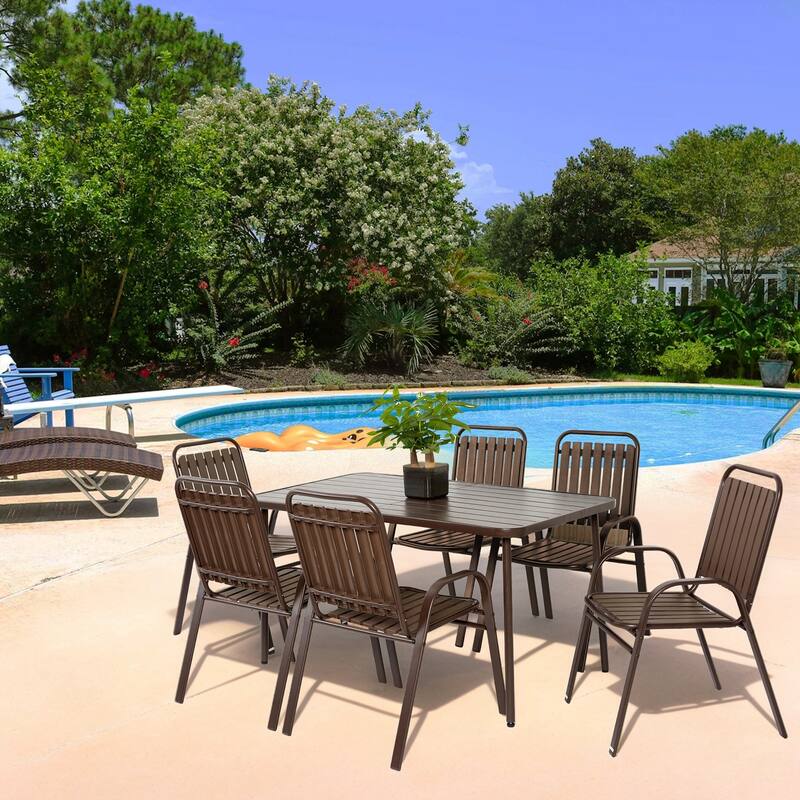 7 Pieces Patio Dining Set with Plastic Chairs and Steel Table