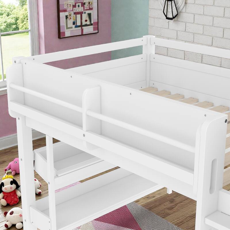 Low Loft Bed with Desk, Storage Bookcases, Drawers & Boxes, Solid Wood Kids Loft Bed with Blackboard Shelf