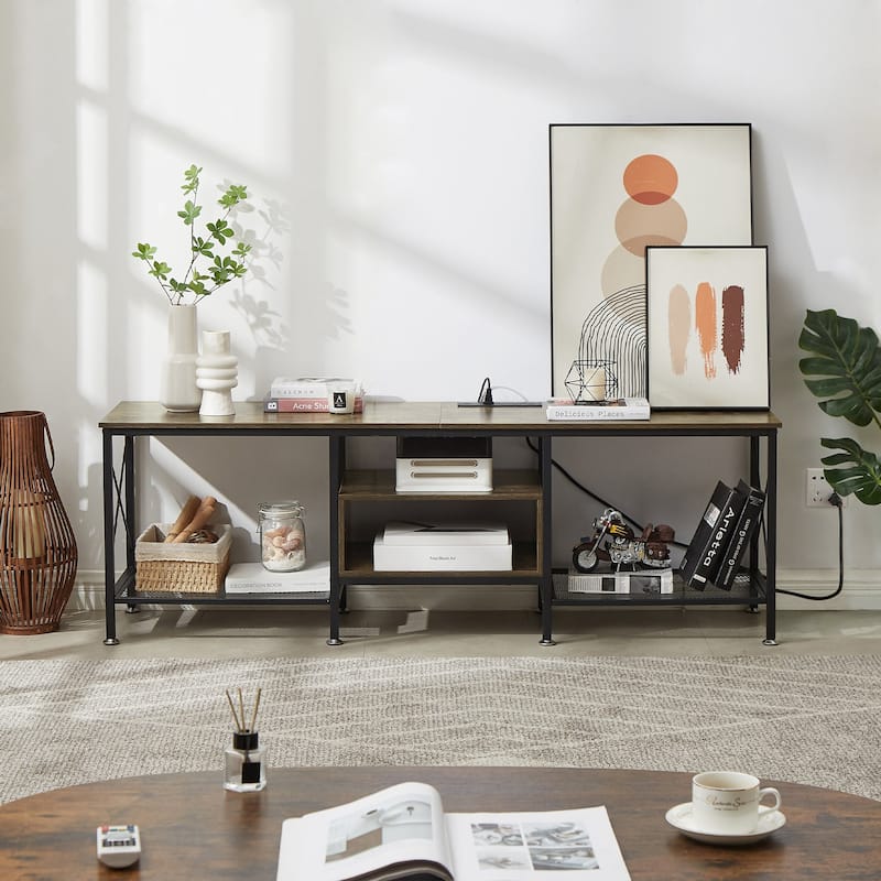 VECELO Wood TV Stand with Charging Station,Storage Shelves Entertainment Center TV Cabinet