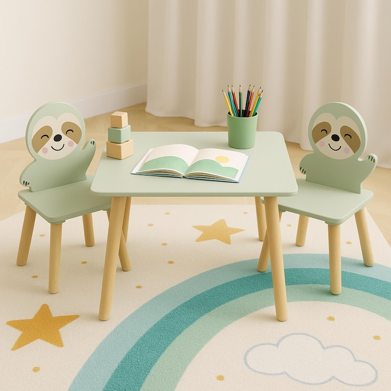 Kids Table and Chair Set with 2 Cute Sloth Chairs, Wooden Toddler Activity Table, Cute Animal Design Play & Study Set - Natural Wood,Sage Green