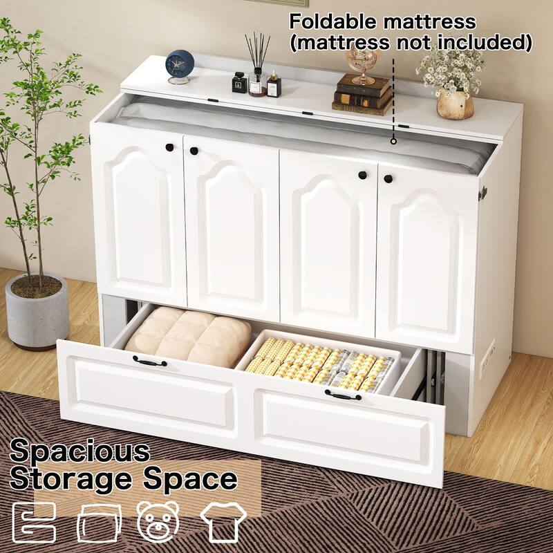 Murphy Cabinet Bed with Charging Station & Storage Drawer, Foldable Platform Bed for Small Spaces