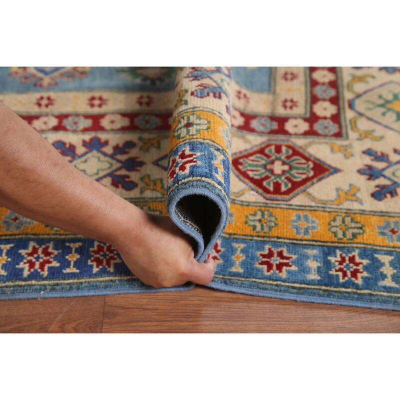 Hand Knotted Oriental 100% Wool Carpet Traditional Geometric Navy Blue & Blues Kazak Area Rug - 9' 6'' X 6' 6''