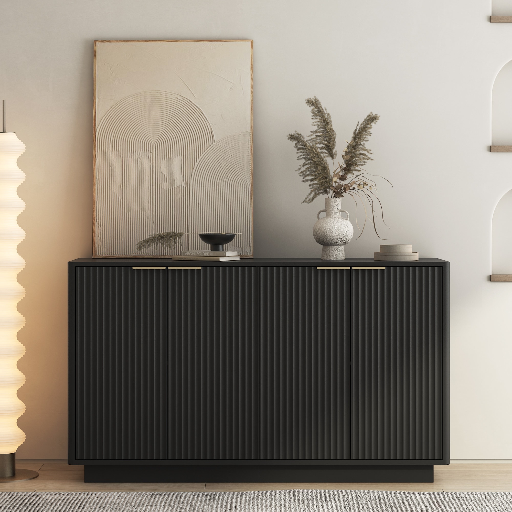 Wood Modern Fluted Sideboard Buffet Cabinet with Adjustable Shelves