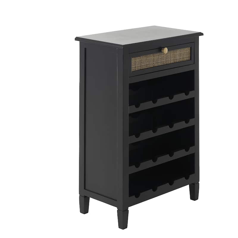 Wooden Handmade 12 Bottle 1 Drawer Standing Wine Rack with Rattan Front - Black - Roche River Decor