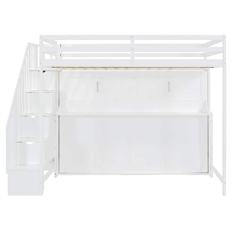 Full Over Full Size Murphy Bed with Hydraulic Lift and Desk Design, Solid Wood Bunk Murphy Bed Frame with Storage Staircase