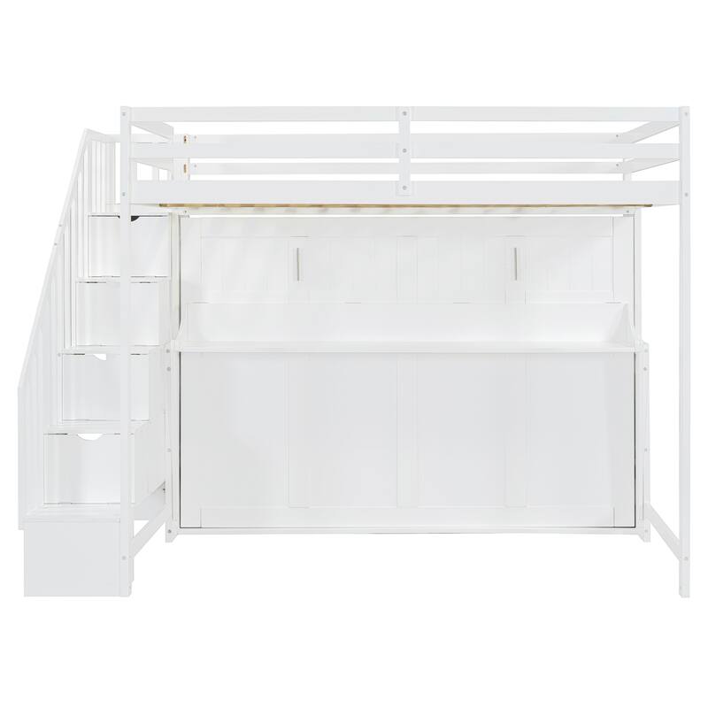 Full Size Convertible Murphy Bunk Bed with Hydraulic Lift, Built-in Desk & Storage Staircase, Space-Saving Wall Bed