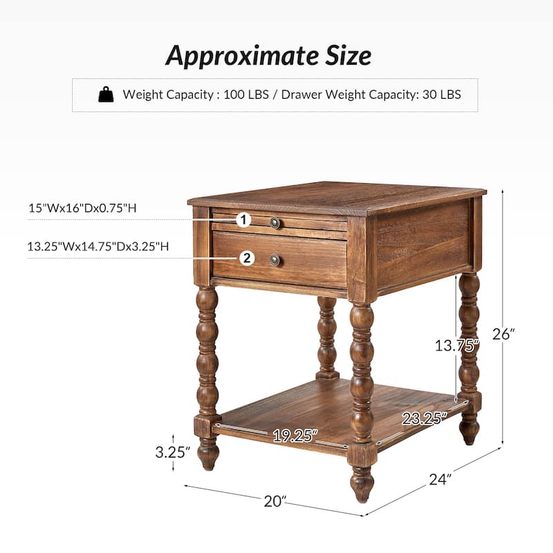 Eric Traditional 26" Tall Solid Wood End Table with USB by HULALA HOME