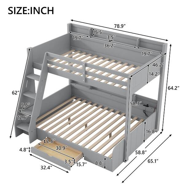 Wood Bunk Bed w/Storage Shelves and LED, Twin over Full Bed Frame with Charging Station, Drawer and Safety Guardrail for Kids