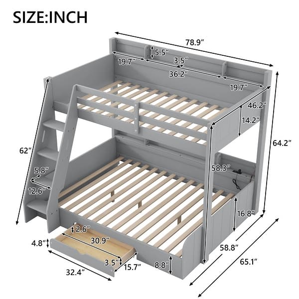 dimension image slide 1 of 2, Wooden Bunk Bed Twin over Full Bunk Bed with 6 Up and Down Storage Shelves, LED, Charging Station, Stairs and Bottom Drawer