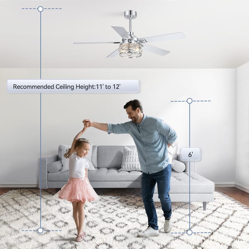 52" Reversible 5-Blade Farmhouse Glam Floral Glass Caged Ceiling Fan with Light and Remote