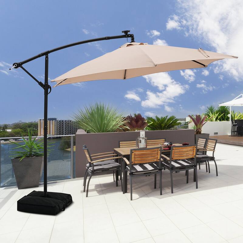 Autlaycil 10ft Offset Hanging Market Patio Umbrella With Base&Solar Lights