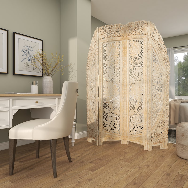 Wood Floral Handmade Foldable Arched 4 Panel Room Divider Screen with Intricately Carved Designs - White - Roche River Decor