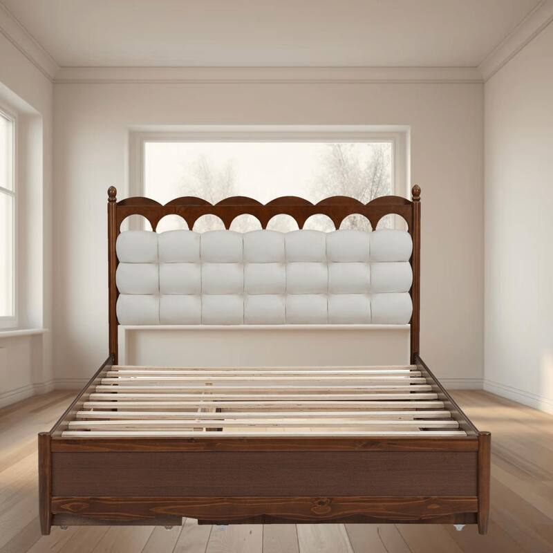 Queen Size Wooden Platform Bed Frame with Trundle, 2 Big Drawers and USB Ports, Stylish and Functional Bedroom Furniture - Walnut - Queen