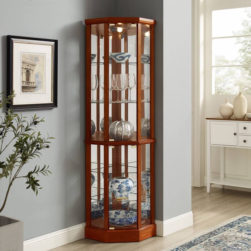 Corner Curio Cabinet with Lights, Floor Standing Display Cabinet, China Cabinet with Tempered Glass Shelves & Mirror Back - Oak