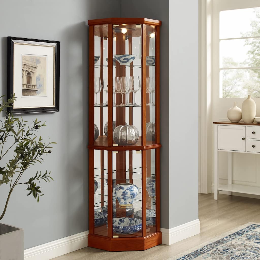 Corner Curio Cabinet with Lights, Floor Standing Display Cabinet, China Cabinet with Tempered Glass Shelves & Mirror Back