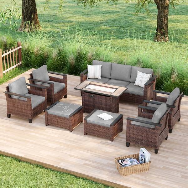 slide 2 of 33, Bonosuki 8 Pieces Patio Sofa with Rectangle Fire Pit Table and Ottomans, All-Weather PE Rattan Wicker Sofa with Cushion, Gray Gray