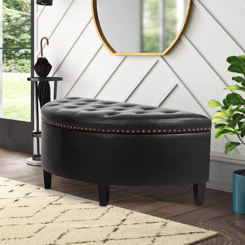 Adeco Half Moon Tufted Storage Ottoman Bench