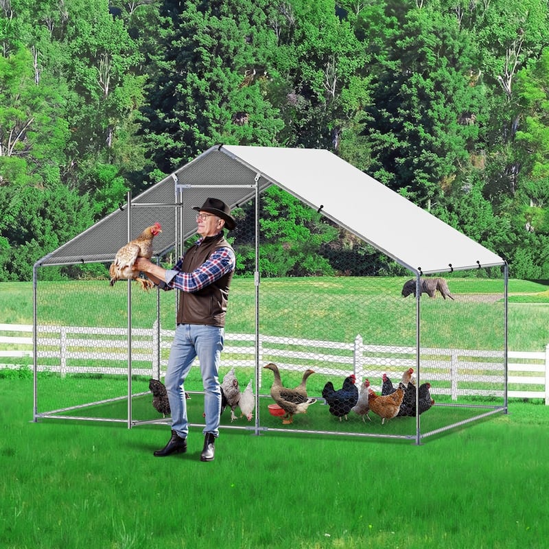 Silver Galvanized Steel Chicken Coop with Protective Net and PE Tarp Cover