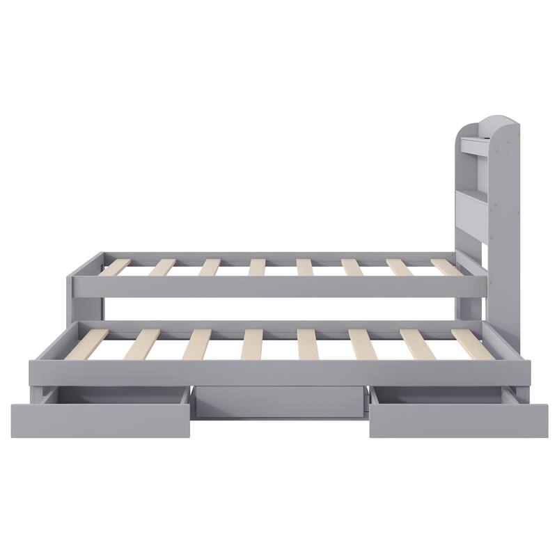 Twin XL Size Platform Bed with Storage LED Headboard, Charging Station, Twin Size Trundle and 2 Drawers, Gray