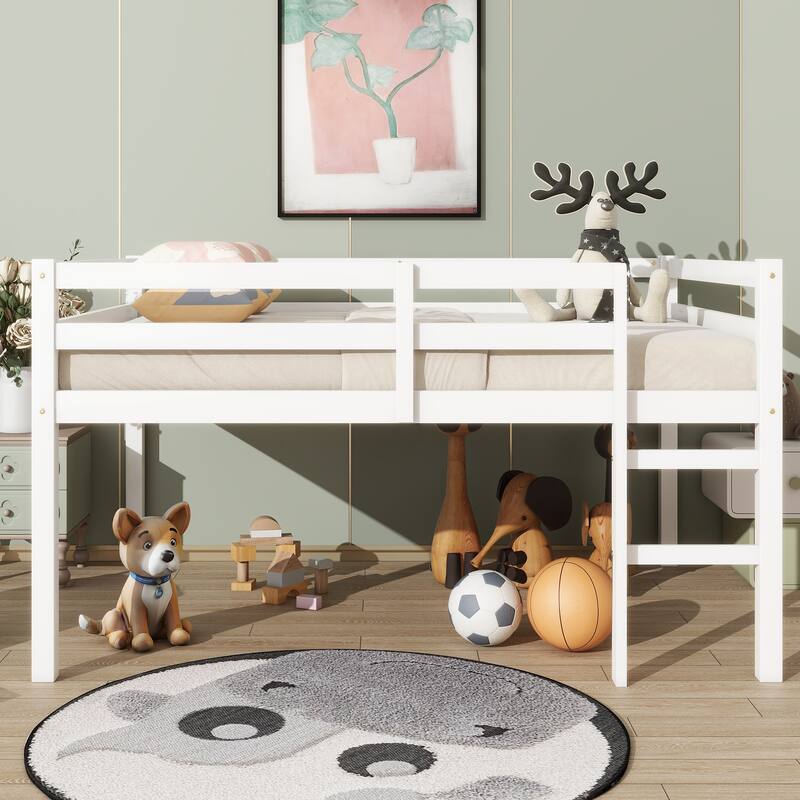 White Full Rubber Wood Loft Bed with Ladder and Storage Space