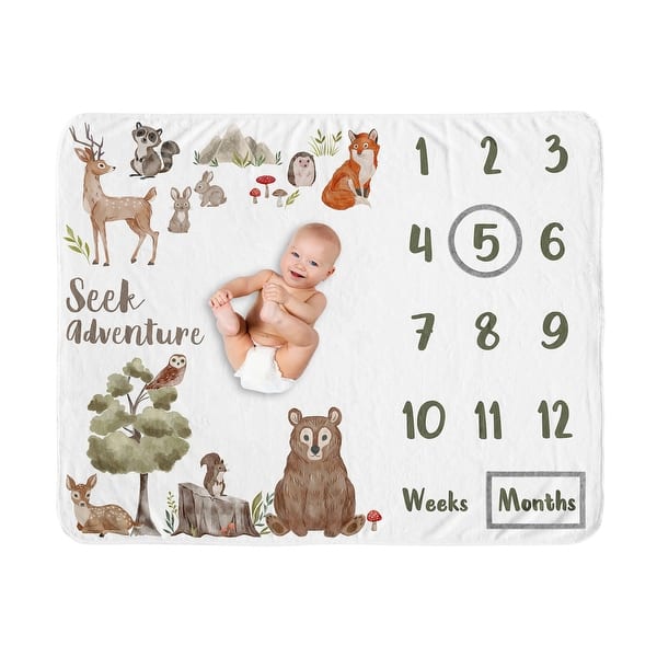 slide 2 of 6, Sweet Jojo Designs Woodland Forest Animals Boy Girl Gender Neutral Unisex Baby Monthly Milestone Blanket Friends Bear Watercolor