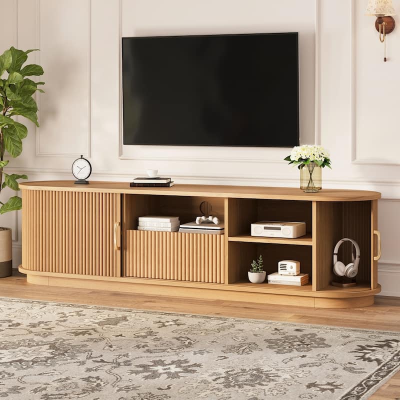 Vintage TV Stand with Sliding Wood Slatted Doors for TVs up to 75", with Drawer, Wood Grain Media Console with Cable Management - Natural