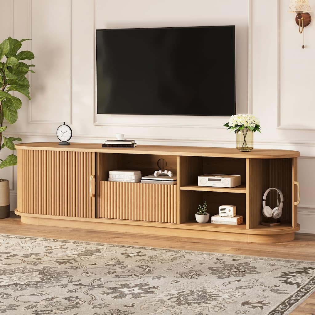 Vintage TV Stand with Sliding Wood Slatted Doors for TVs up to 75", with Drawer, Wood Grain Media Console with Cable Management