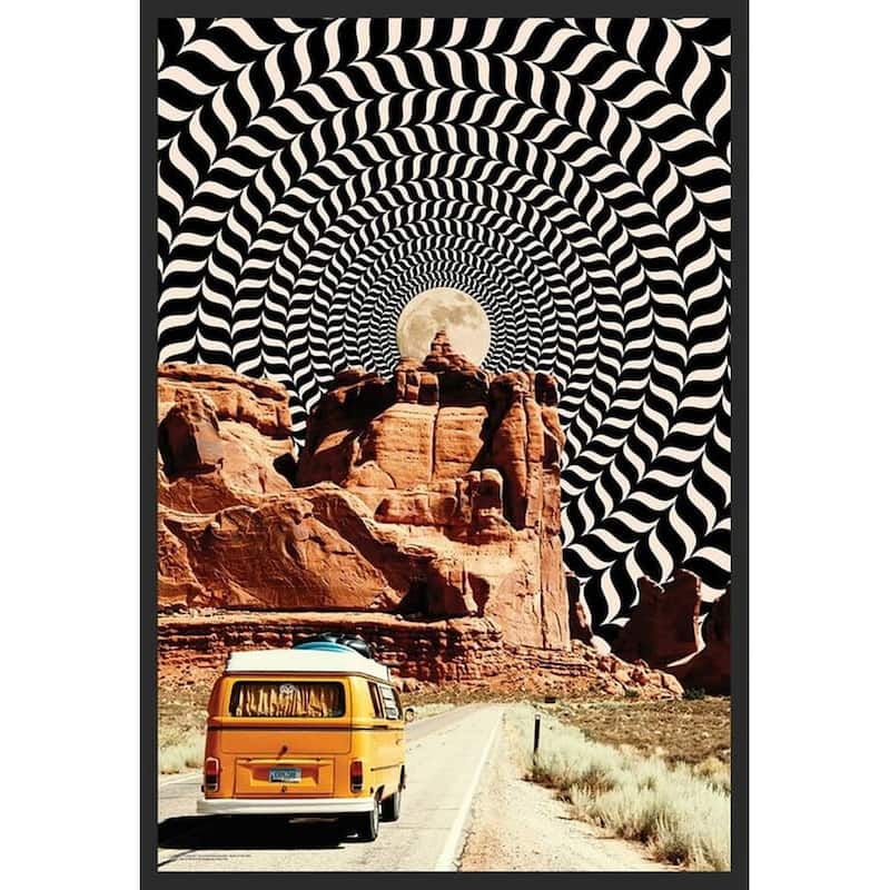 Optical Illusionary Moonlit Sky VW Van Desert Framed Poster - 24 x 36 Inch