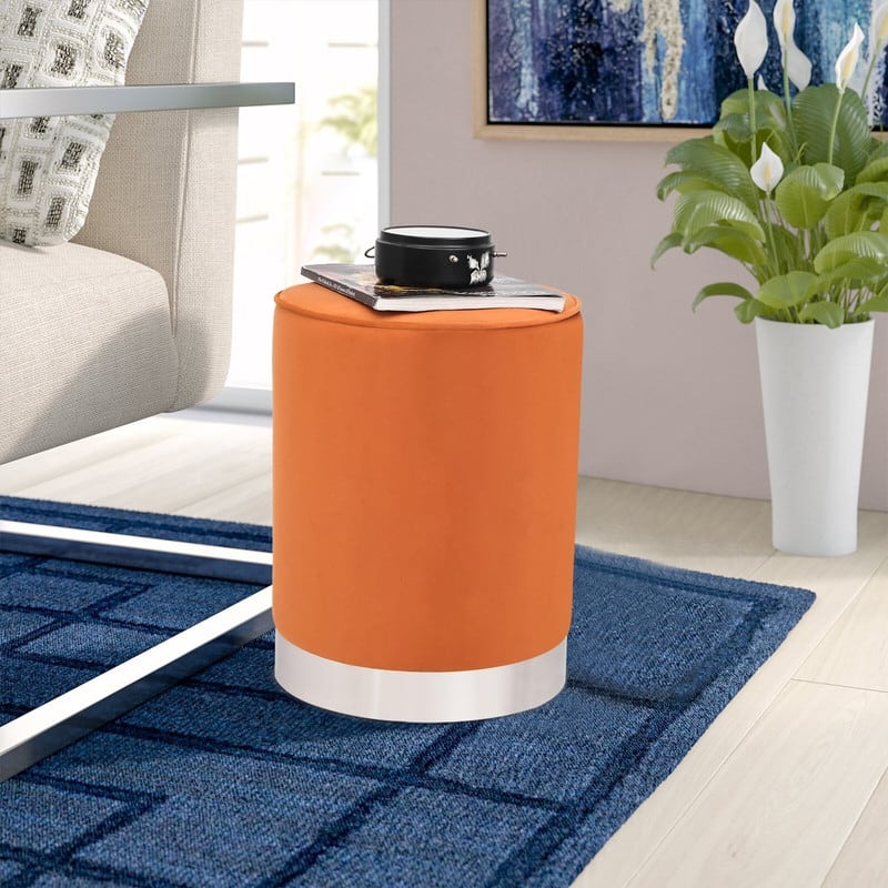 Adeco Round Ottoman Footstool Velvet Padded Vanity Stool Silver Trim