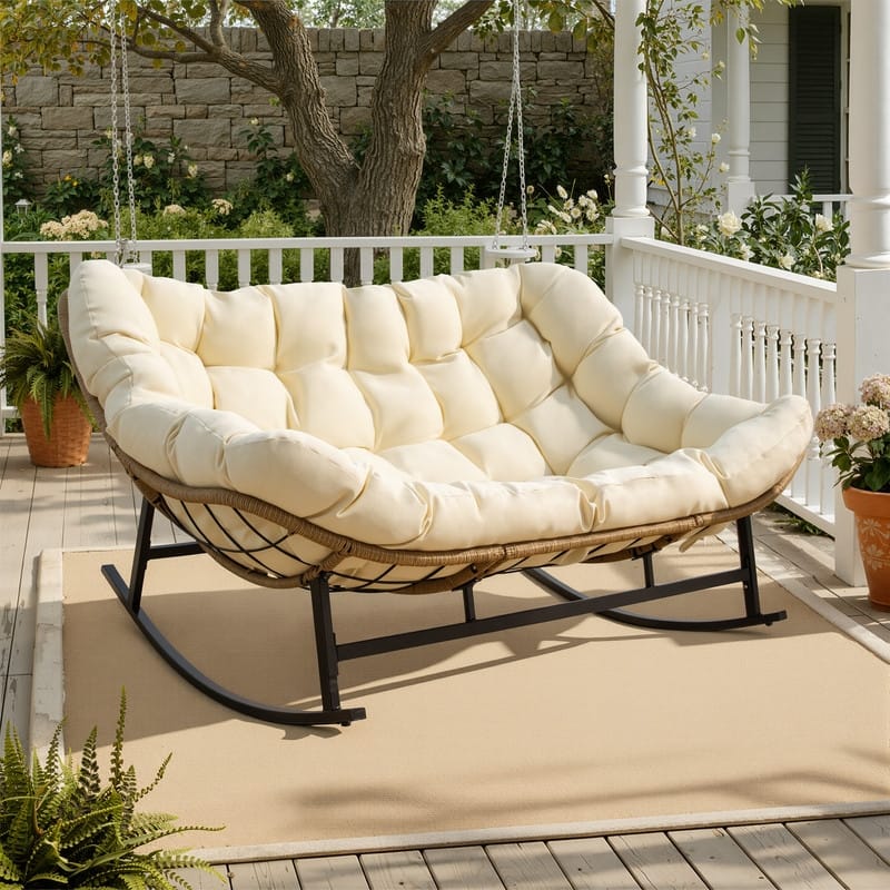 FINCATI Oversized Double Rocking Chair Outdoor Indoor, 40" D x 58" W Double Papasan Rocking Chair with Padded Cushion - 1 PC-Beige
