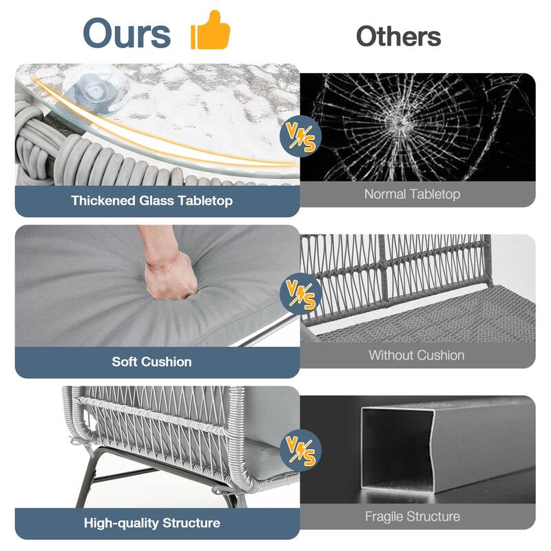 Sectional Wicker Conversation Sofa Set, 3 Piece Patio Furniture Set with Thick Cushions and Toughened Glass Coffee Table