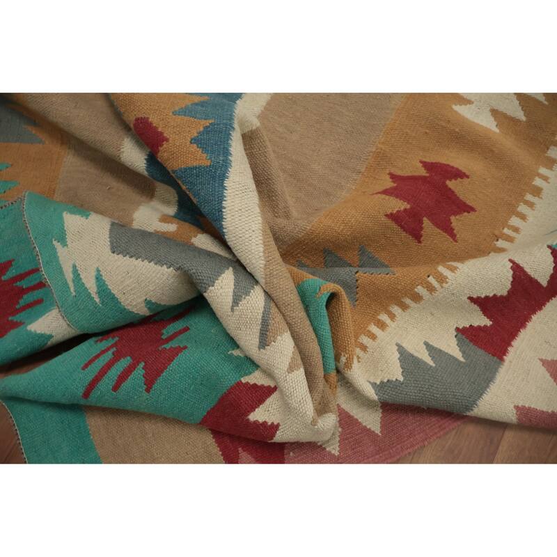 Hand Woven Oriental 100% Wool Carpet Southwestern Tribal Multi-Colored Kilim Runner Rug - 14' 7'' X 4' 11''
