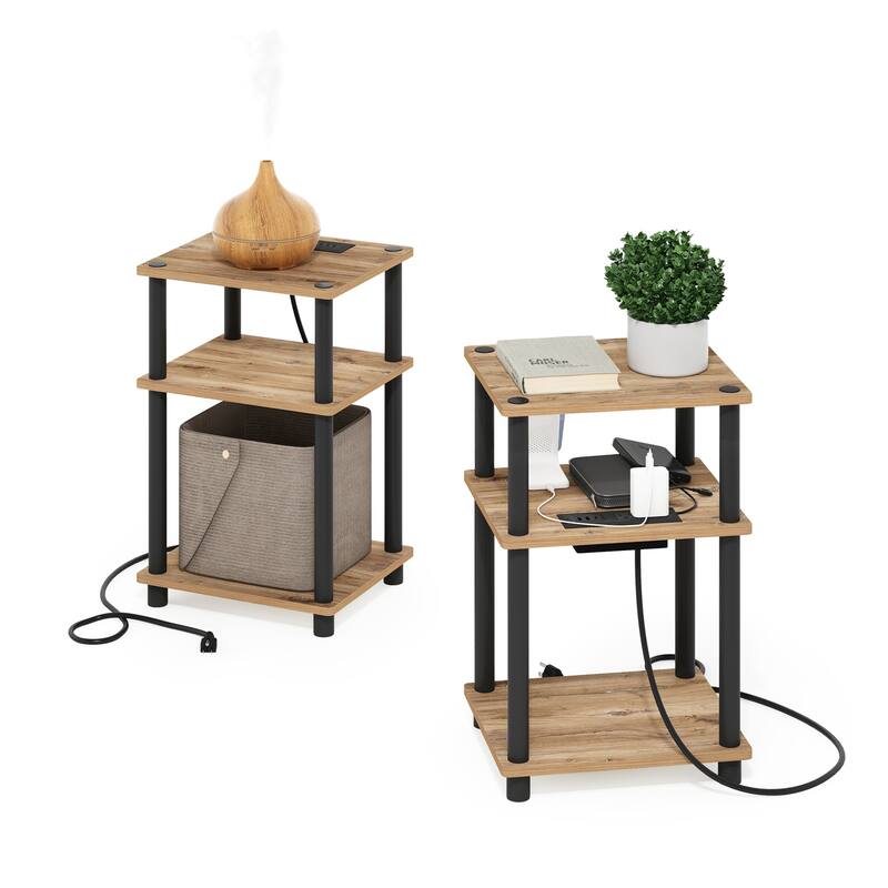 Modern End Table with USB Charger & Storage - 3 Tier Nightstand Set of 2 - Flagstaff Oak/Black - 13.39