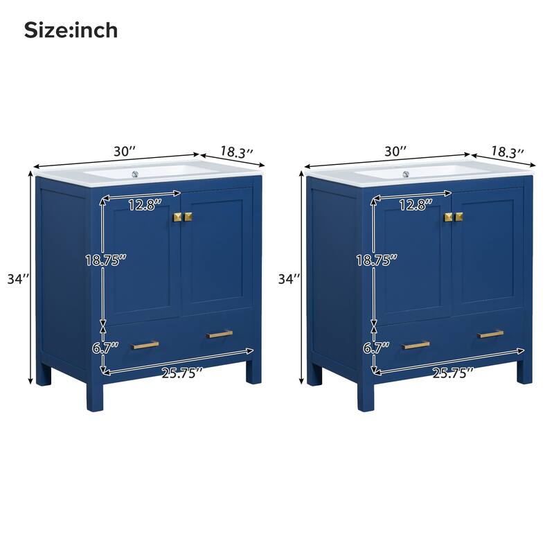 60"Bathroom Vanity Set with Double Vanities (Separate), Double Ceramic Sinks, Storage Shelf, and Divided Drawers