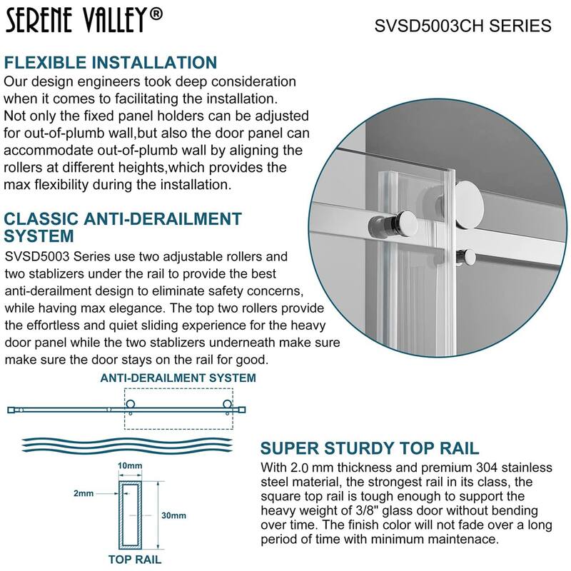Serene Valley 60 x 74 Inch Square Rail Frameless Sliding Shower Door, Chrome - 60 x 74 inches