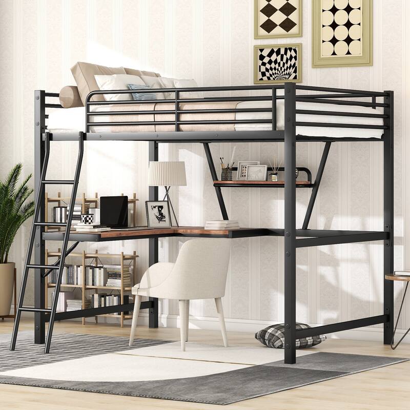Full Loft Metal Bed with Built-in Desk & Shelf for Kids, Teens, Adults - Black - Full