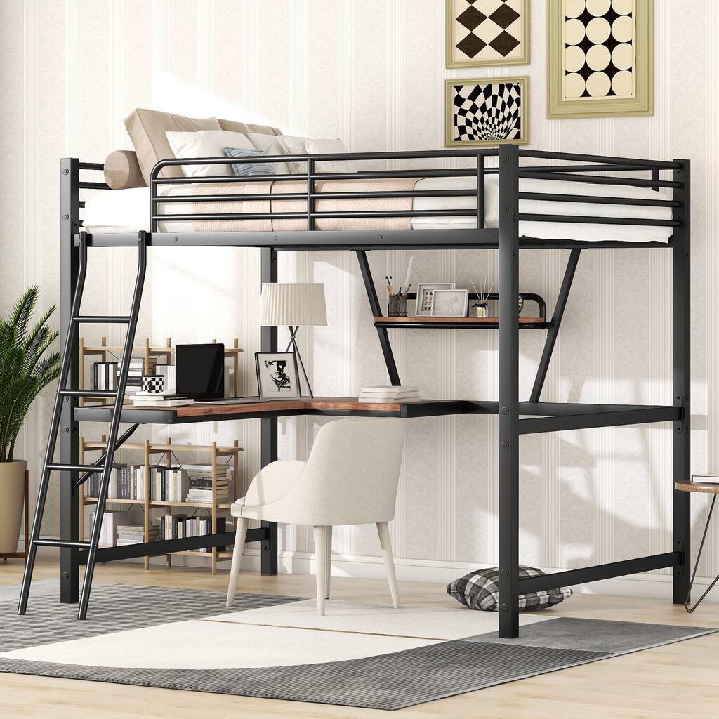 Full Loft Metal Bed with Built-in Desk & Shelf for Kids, Teens, Adults