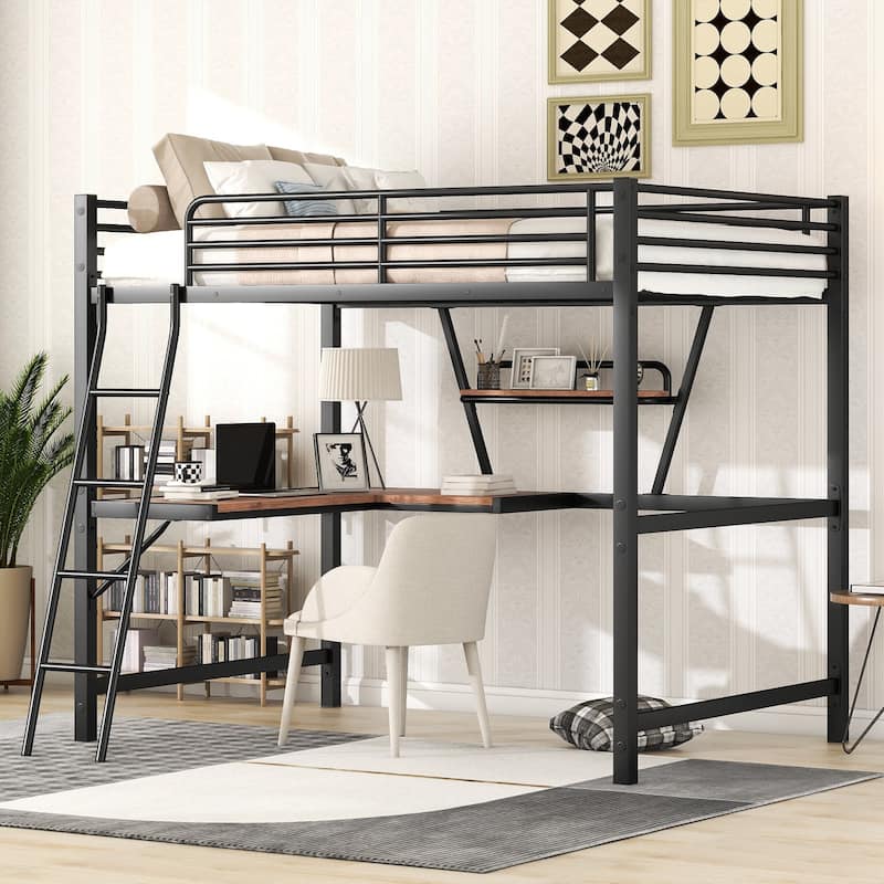 Modern Style Full Size Loft Bed with Desk and Shelf, Metal & MDF Loft